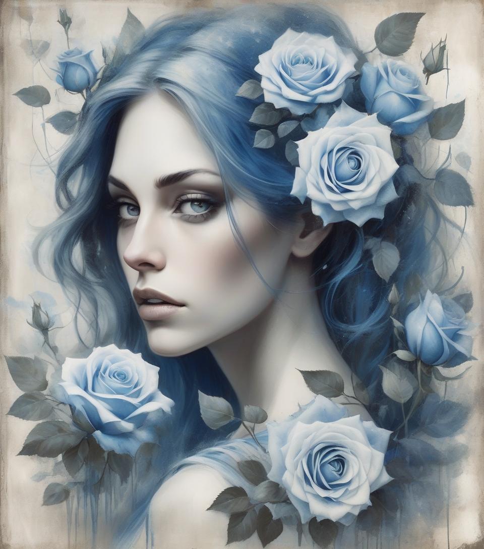  grunge style a serene woman with flowing hair holds blue and white roses, surrounded by soft light and delicate leaves, embodying grace and beauty in a captivating portrait . textured, distressed, vintage, edgy, punk rock vibe, dirty, noisy