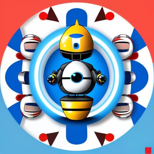  logo. funny robot in a circle, big "k." blue eyes. the colors blue, red, yellow, blue prevail. white background