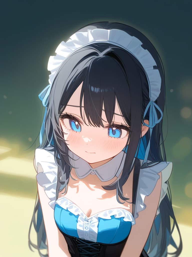  girl,solo,cute face focus,light blue eyes,black hair,headdress,corset,frill onepiece,frill ribbon,long straight hair,cute girl,young,cute color,shy,blue gradation hair color,