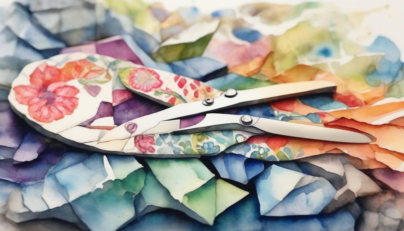  watercolor painting stone, scissors, paper . vibrant, beautiful, painterly, detailed, textural, artistic