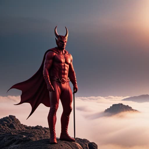  satan world soft sunrise shades hyperrealistic, full body, detailed clothing, highly detailed, cinematic lighting, stunningly beautiful, intricate, sharp focus, f/1. 8, 85mm, (centered image composition), (professionally color graded), ((bright soft diffused light)), volumetric fog, trending on instagram, trending on tumblr, HDR 4K, 8K