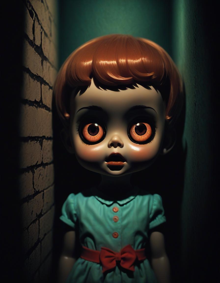  retro game art hiding in the shadows, grainy film noir, 1960s, cinematic, charming portrait of a tiny chibi doll with big eyes casting a long shadow, a doll anthropomorphic scary toothy creature looks out with glowing eyes from a crack in the wall, bizarre, deep colors. . 16 bit, vibrant colors, pixelated, nostalgic, charming, fun