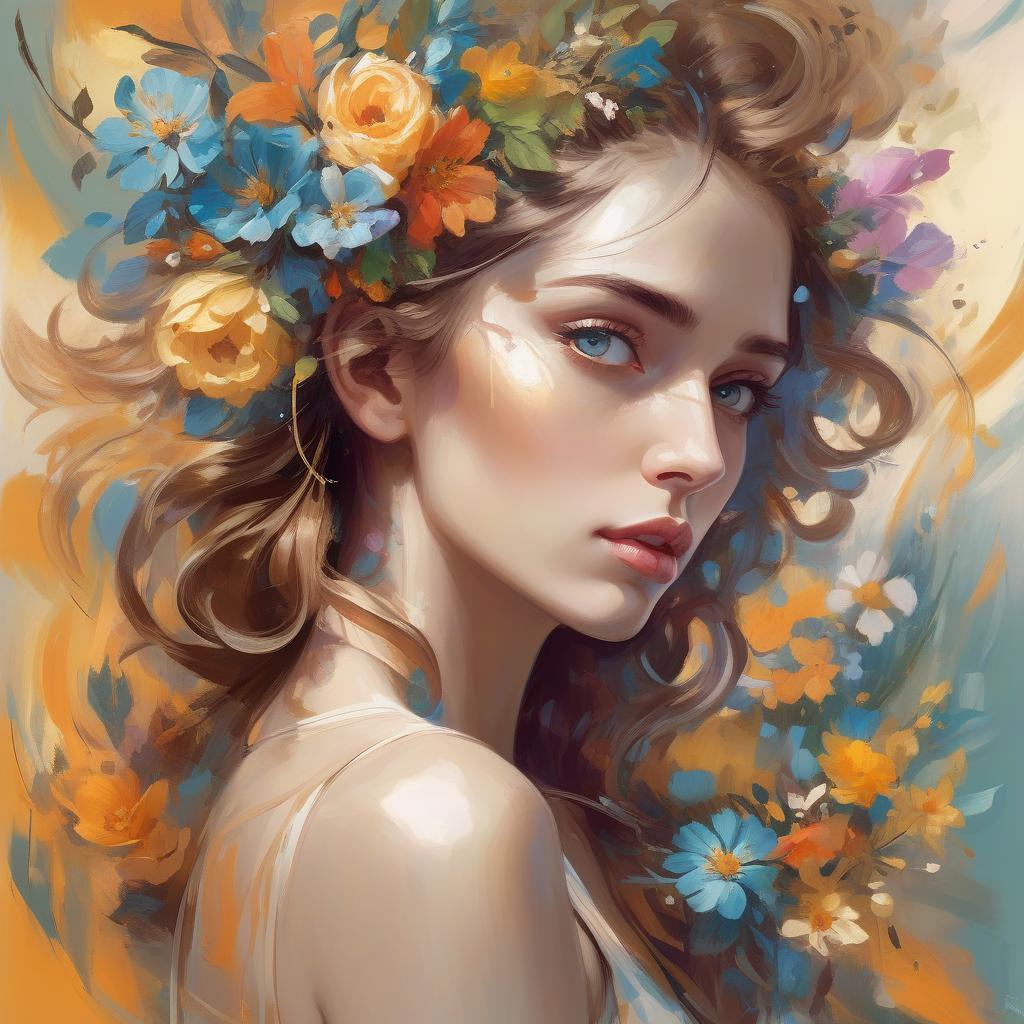  abstract expressionist painting a painting of a woman with flowers in her hair, beautiful fantasy art portrait, exquisite digital illustration, beautiful fantasy portrait, highly detailed digital painting, style of laura sava, beauty art nouveau woman, exquisite digital art, beauty woman with detailed faces, romanticism artwork, woman in flowers, in style of anna dittmann, detailed realistic beautiful, beautiful gorgeous digital art . energetic brushwork, bold colors, abstract forms, expressive, emotional