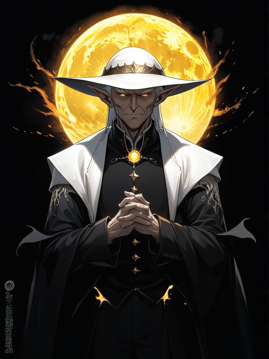  manga artwork a powerful old male elf sorcerer in a black suit and brim hat, standing with his hands clasped at his chest, his eyes shining gold, behind him a burning moon. manga artist. manga, highly emotional. best quality, high resolution