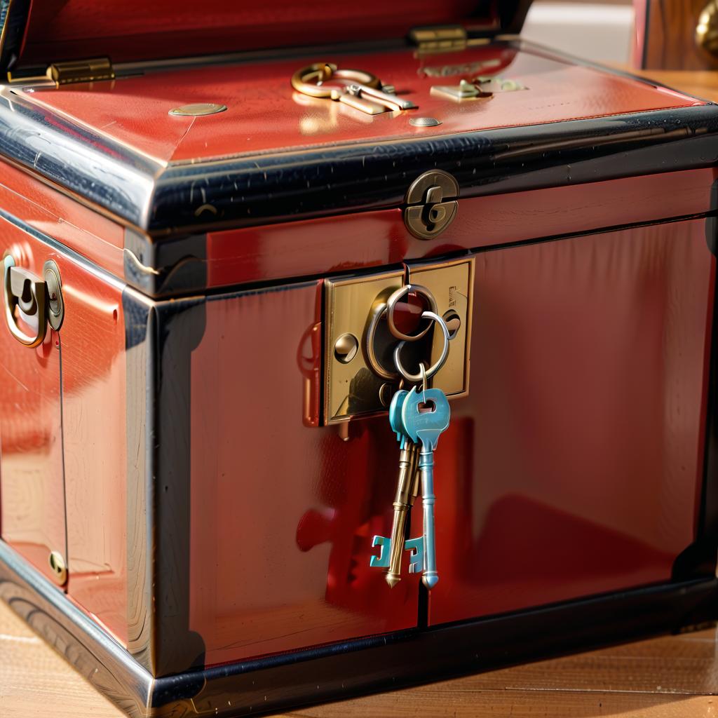  i look in a large, open, vintage, lacquered box with keys and keys. situated right in front of my face, civitai