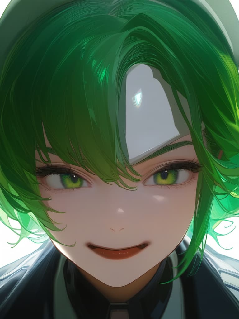  portrait view of a anime women,full white militar uniform hat,half face,joker mask,women face,photorealistic anime style,giger style,pop art tendencies,strong facial expression,(((green hair))),professional illustration,bold colors,chiaroscuro,beautiful shades,intense close ups,bright and glossy surface textures,octane render,zbrush ar 1:1 s 750