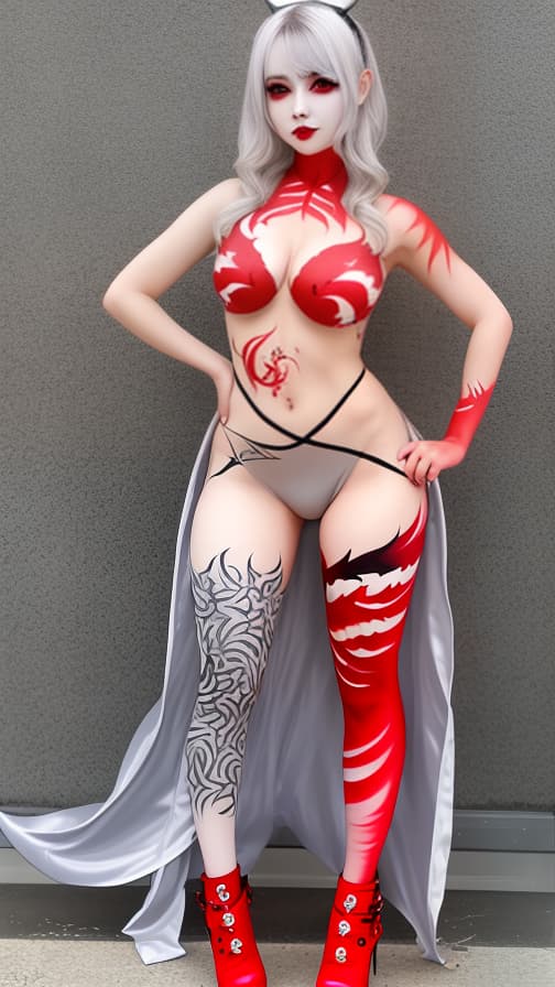  Full body red and white flame pattern body paint, silver body paint on the whole body,grey face paint on the face, succubus, full body image 女性