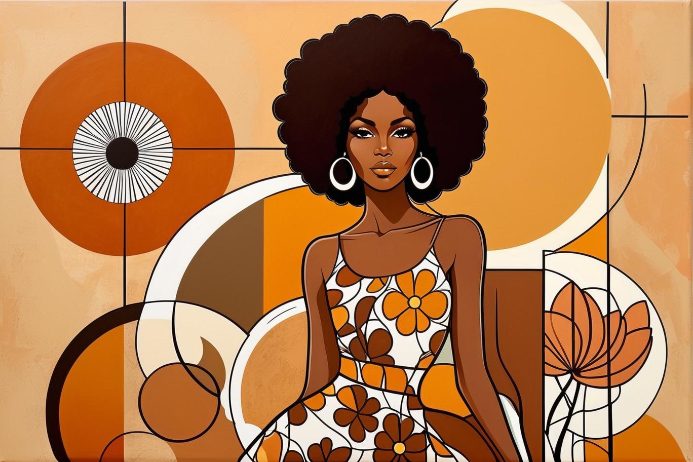  minimalism, a beautiful african woman with brown skin. with an afro. she wears a flowy 70s outfit. a retro brown 70s flower design is in the background. a minimalist painting, abstract, simple geometic shapes, hard edges, sleek contours, minimalism