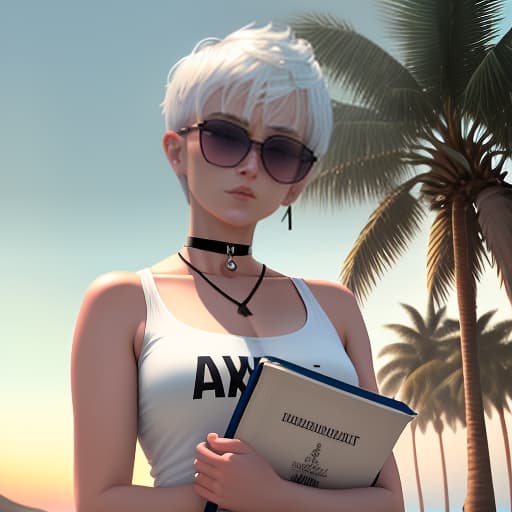  a woman with white hair, a short haircut "pixie" in sunglasses, a t shirt top, with a choker around her neck, stands against a neon sunset. in full height. in her hand holds a closed book. on the cover of the inscription in russian "how to bring the trule". coast of the sea, shade of palm trees. digital photo. high detail. high realism.