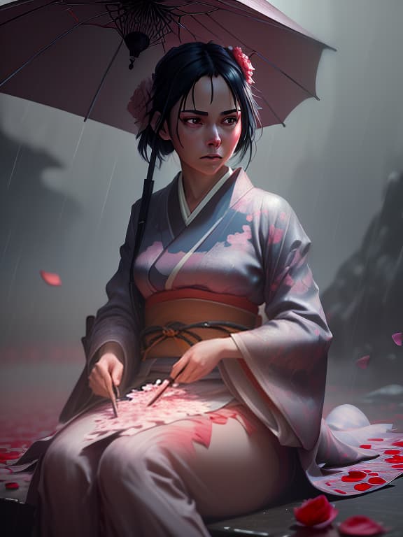  a girl in a short kimono with a sword sits in a rain of rose petals, digital art, glow effects, hand drawn, render, 8k, octane render, cinema 4d, blender, dark, atmospheric 4k ultra detailed, cinematic sensual, sharp focus, humorous illustration, big depth of field, masterpiece, colors, 3d octane render, 4k, concept art, trending on artstation, hyperrealistic, vivid colors, modelshoot style, (extremely detailed cg unity 8k wallpaper), professional majestic oil painting by ed blinkey, atey ghailan, studio ghibli, by jeremy mann, greg manchess, antonio moro, trending on artstation, trending on cgsociety, intricate, high detail, sharp focus, dramatic, photorealistic painting art by midjourney and greg rutkowski