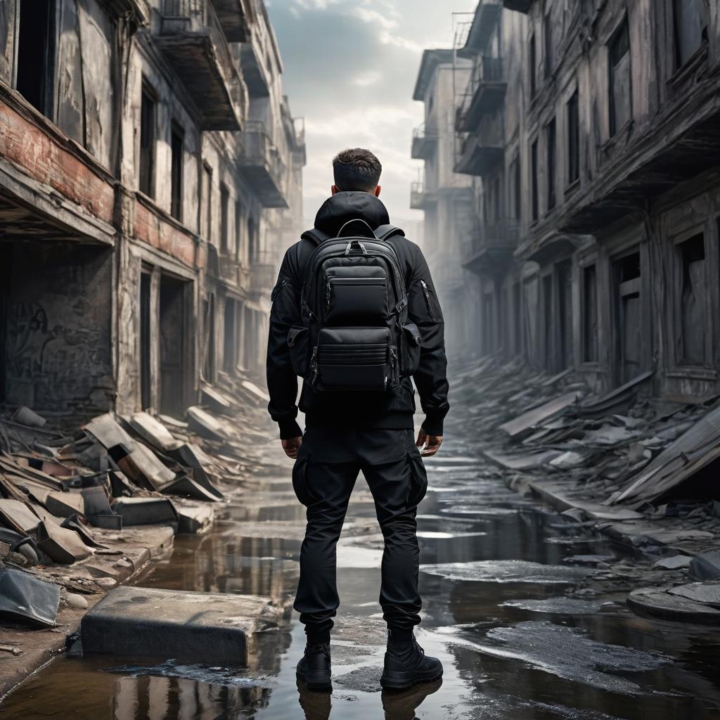  a man dressed in black cargo pants and wearing black tactical backpack wandering the streets of an abandoned city photo realistic, highly intricate and detailed, masterpiece, ultra high res,photography,8k resolution