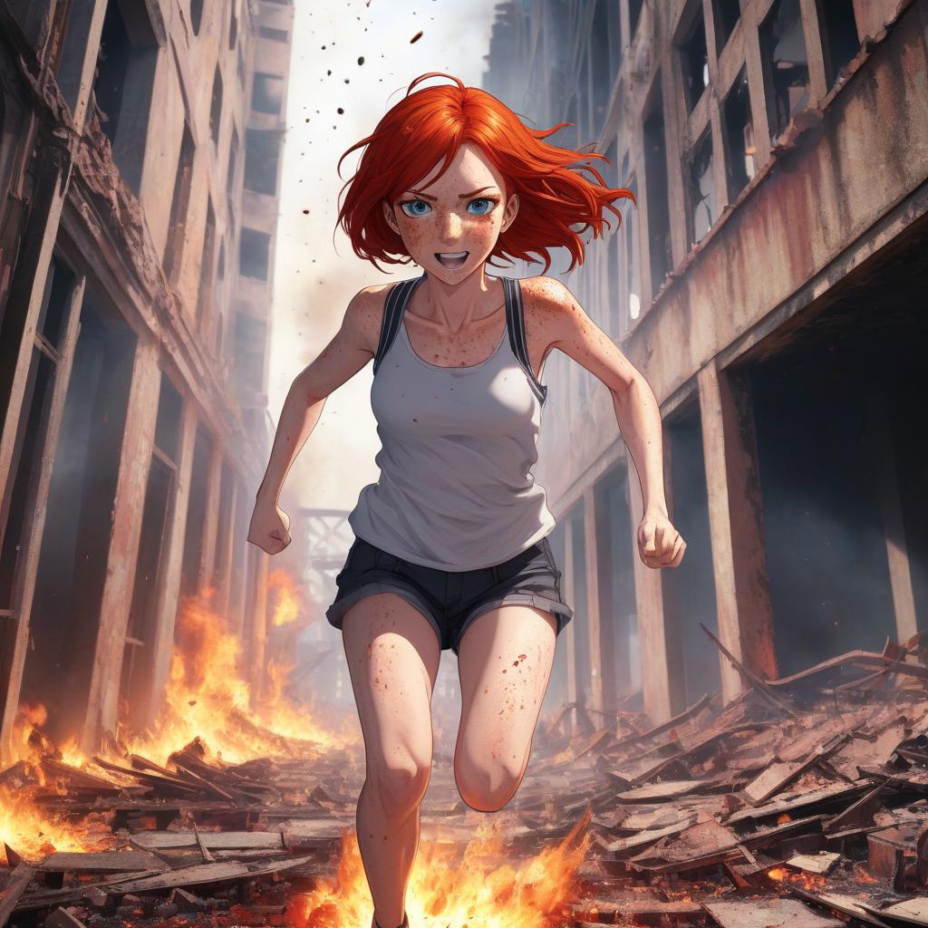  anime artwork girl with red hair, freckles, in a burning building, running . anime style, key visual, vibrant, studio anime, highly detailed