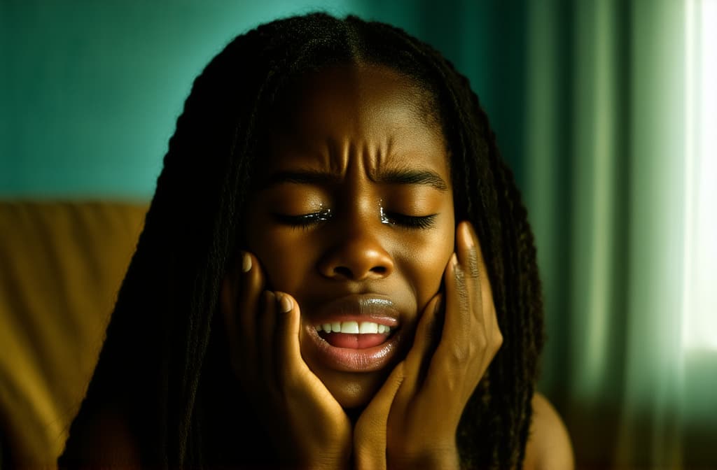  cinematic film style, young sad black girl crying with tears streaming down her cheeks. emotional breakdown, closed eyes and closed mouth ar 3:2, shallow depth of field, vignette, maximum details, high budget hollywood movie, bokeh, cinemascope, moody, epic, gorgeous, sun rays and shadows on furniture and surfaces, flattering light, raw photo, photography, photorealistic, 8k resolution, f1.4, sharpened focus, sharp focus