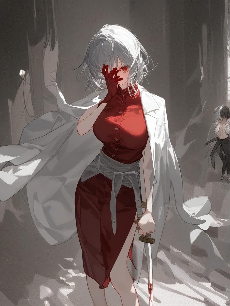  create for me a character with anime manga art. a woman with long, frayed silver hair, which even covers her face. she has deep, lifeless red eyes resembling wine. she wears dark dress pants. a red dress shirt with buttons on its front seam, two thin belts under its bust. a light gray lab coat on the shoulders. she walks around with two katanas around her waist. . best quality, high resolution