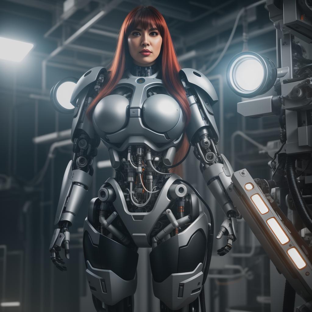  A cyborg obese woman with long hair and bangs, robotic arms and legs, exposed components and wiring, brightly lit laboratory background, full body photo looking into the camera hyperrealistic, full body, detailed clothing, highly detailed, cinematic lighting, stunningly beautiful, intricate, sharp focus, f/1. 8, 85mm, (centered image composition), (professionally color graded), ((bright soft diffused light)), volumetric fog, trending on instagram, trending on tumblr, HDR 4K, 8K