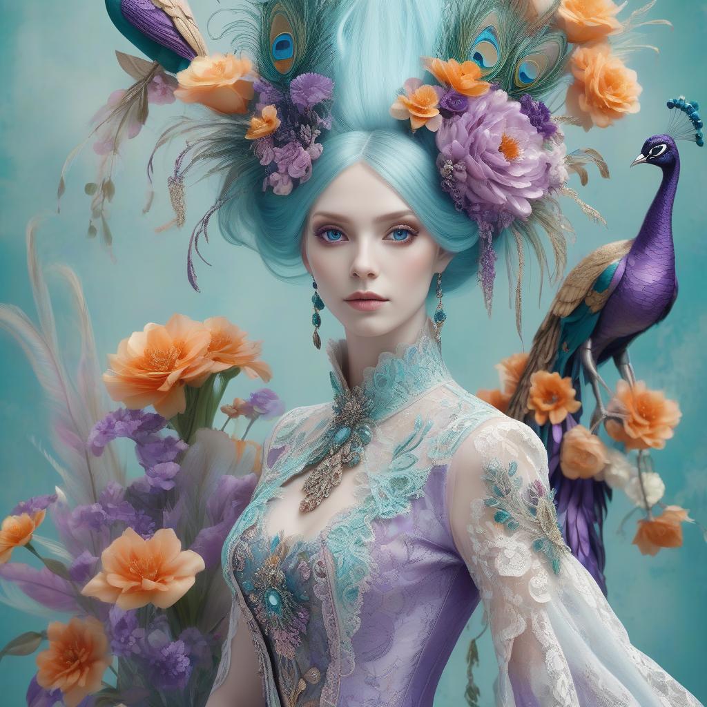  <mymodel>dynamic composition of a pale skinned woman with hair of flowers and peacock plummage of aqua, orange and purplepurple, ornate details,lacey clothes, facial closeup