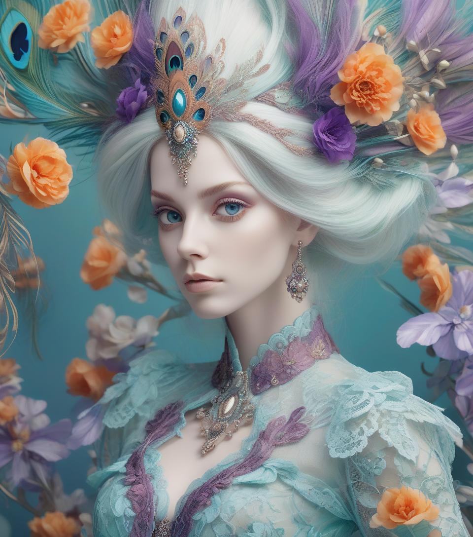  <mymodel>dynamic composition of a pale skinned woman with hair of flowers and peacock plummage of aqua, orange and purplepurple, ornate details,lacey clothes, facial closeup