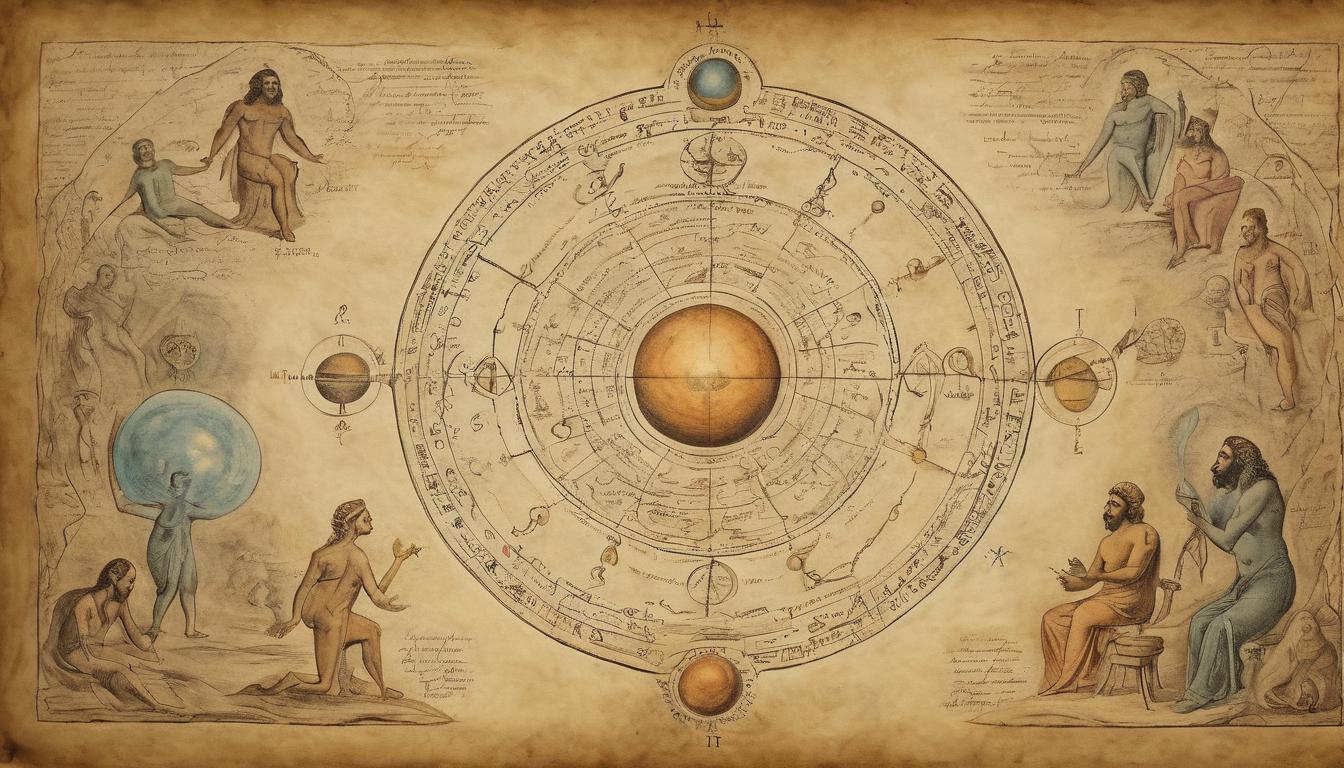  on parchment, surrealism++, glowing orb surrounded by interconnected figures, sharing knowledge, cosmic patterns in the background, wisdom, unity, shared enlightenment(mysterious, provocative, symbolic)++