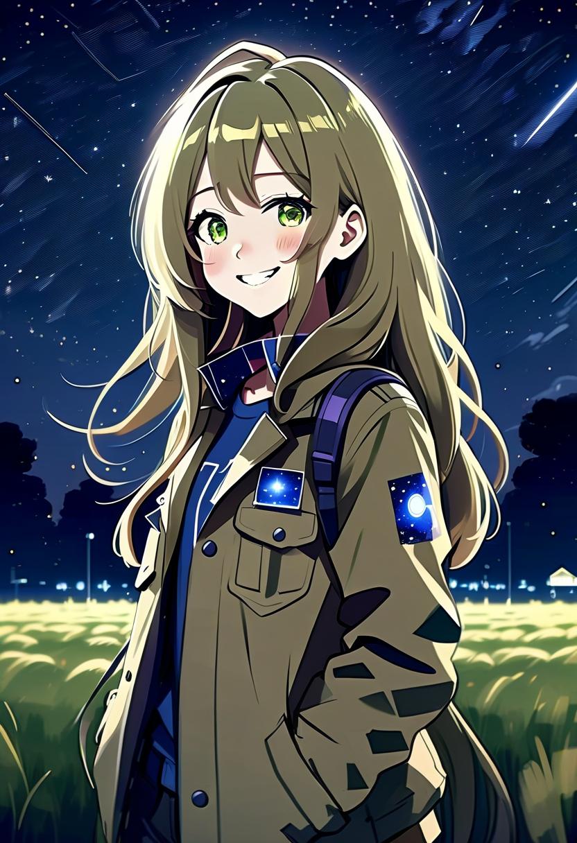  architectural style a in anime style with long hair stands in the middle of the field at night dressed in a khaki jacket and . the looks at the starry sky at night, her eyes are full of joy. she's smiling. not full height . clean lines, geometric shapes, minimalist, modern, architectural drawing, highly detailed