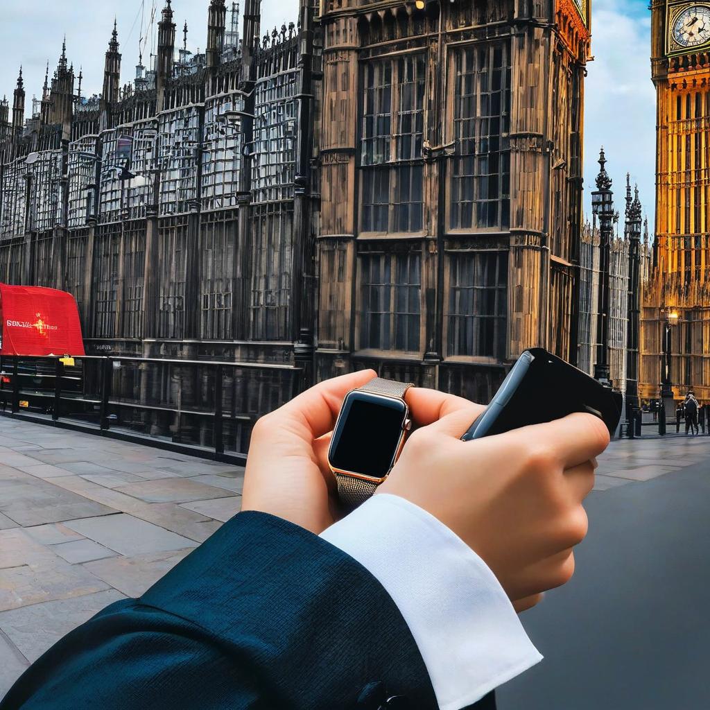  the scene is set at big ben with a guy checking his digital watch/ apple watch to check the time in the near distance you see others also checking their phones instead of just looking up at big ben it’s ironic because big ben is a huge clock. make it from the point of view of someone looking down at their watch, award winning, professional, highly detailed, masterpiece