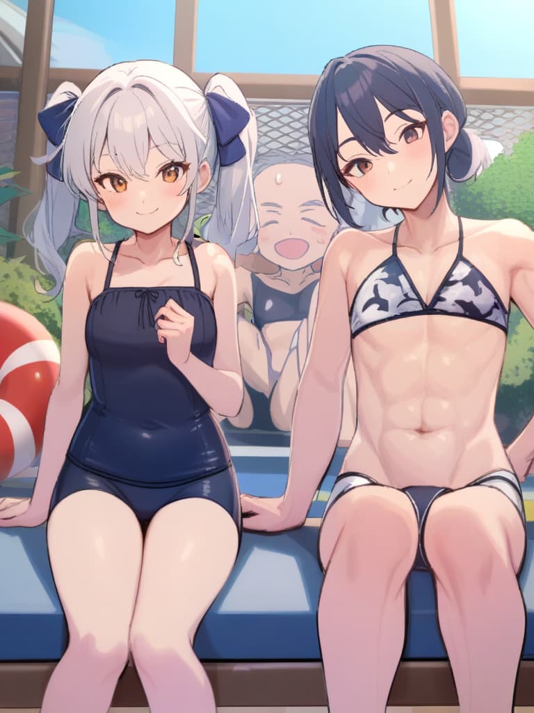  women's elementary students, twin tails, cute smiles, rich s, low stages, dark blue swimwear, old swimwear, swimwear, male, male, shaped clear , shaped clear phimosis, sharp stiff, male bulge, , front, whole body, pool side,