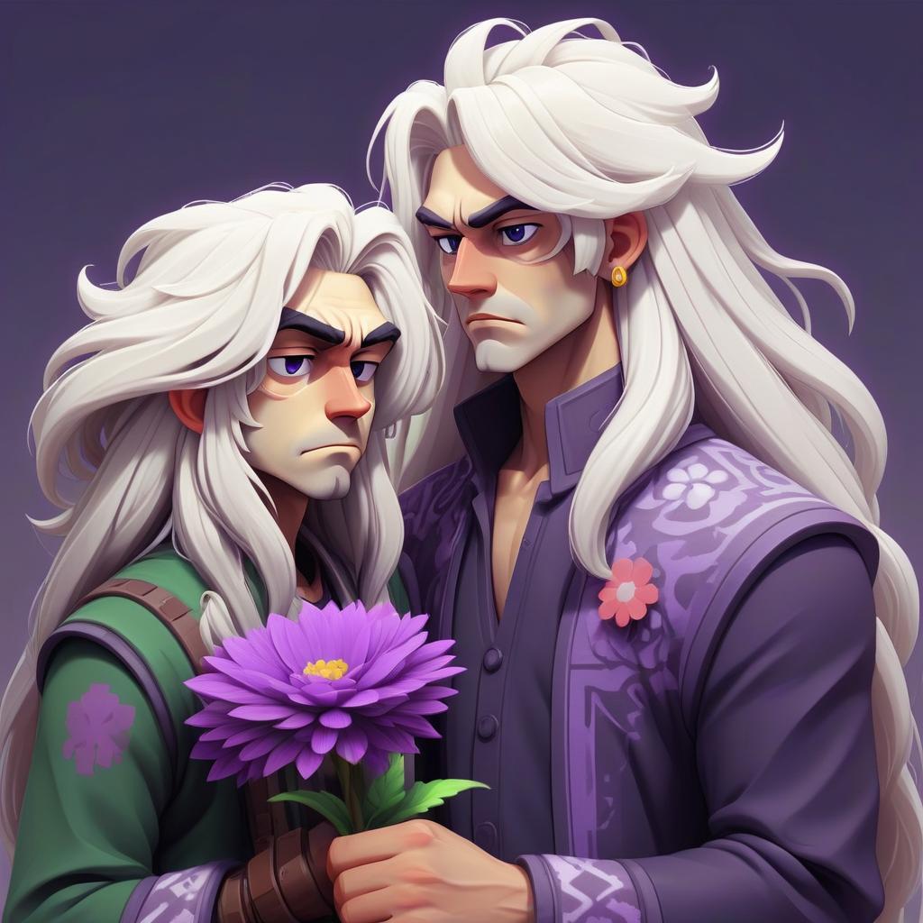  pixel art a guy with long white hair and a purple kimano with a flower in the hands of a young man . low res, blocky, pixel art style, 8 bit graphics