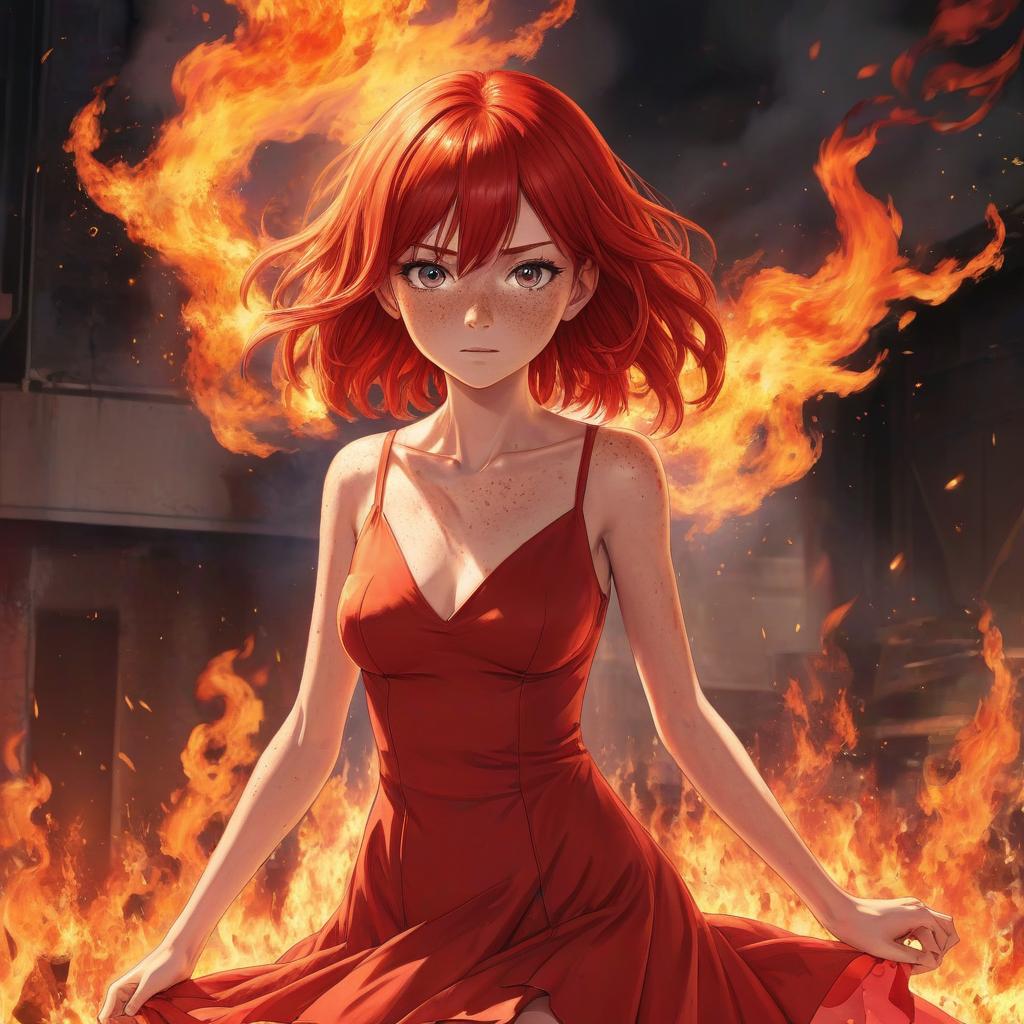  anime artwork girl with red hair, freckles, burning in the fire, red dress . anime style, key visual, vibrant, studio anime, highly detailed