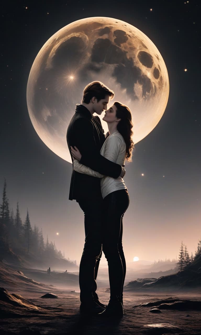  concept art pink, gold, black, white on the background of a huge moon eclipse robert pattison hugs christian steward they stand in the waist. twilight . digital artwork, illustrative, painterly, matte painting, highly detailed, perfect hands