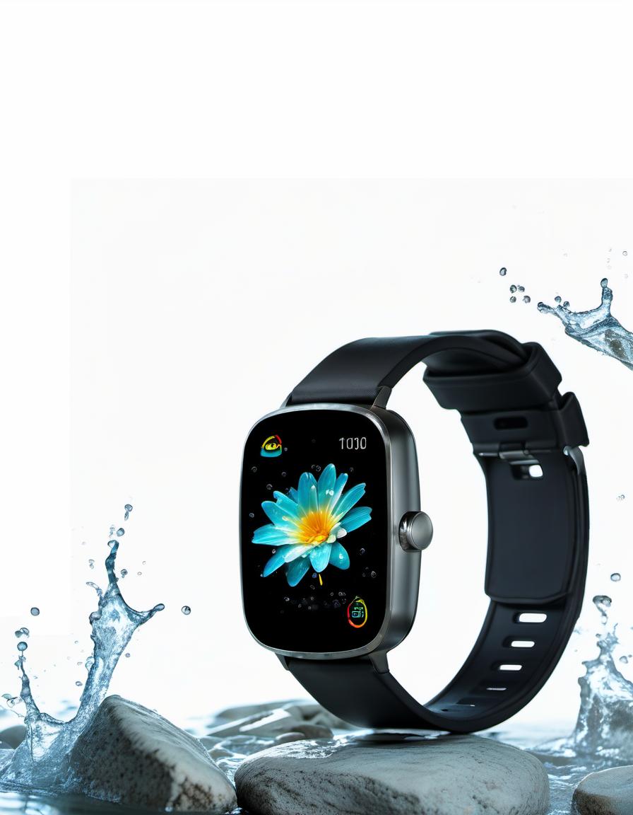  smart watch on stone, in the background splashing water, light background, film photography style