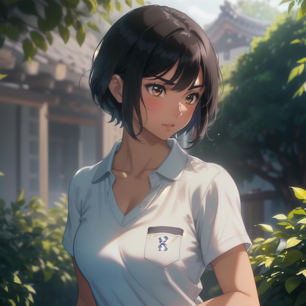  (((anime full torso frontal head shot of a light tan skin tone woman))), gaeul ra young ryu, ((korean heritage)), immature face, brown eye color, ((short hair style)), ((black hair color)), (( body type)), small size, small size, (immature broad flat nose), (immature angular cheekbones), (immature smooth jawline), (immature thin lips), (immature wide forehead), (immature symmetrical face), (immature arched eyebrows), standing straight looking directly into the camera,((wearing fitted polo shirt with deep v neck and monogrammed pocket)), backyard in background, 1girl, best quality, highest quality, award winning photo, masterpiece, raw, professional photography, photorealism, sharp focus, cinematic, high resolution, sh hyperrealistic, full body, detailed clothing, highly detailed, cinematic lighting, stunningly beautiful, intricate, sharp focus, f/1. 8, 85mm, (centered image composition), (professionally color graded), ((bright soft diffused light)), volumetric fog, trending on instagram, trending on tumblr, HDR 4K, 8K