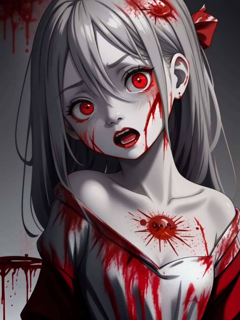  gray skim zombie girl、((bloody expressionless face:1.4))、((looking back:1.3、fron behind、head tilt))、((blood flows from the eyes:1.2))、glowing red eyes、bare shoulder、open mouth、best quality:1.4、masterpiece:1.4、ultra detailed texture、raw photorealistic、absurd resolution、8k illustration、💩、💩、💩、💩、💩、