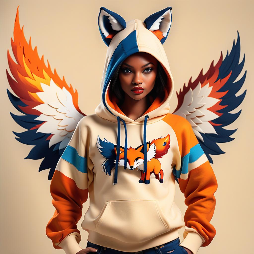  fashion editorial style hoodie design. front and rear view. front on the left is a fox, which has wings, in the form of rays of the sun. the sleeves and the right part of the sweater are sewn by different parts of fabrics of other colors. the fox is fiery, the wings are dark orange. the background of the cream fox. the remaining areas have color: deep blue, cream, fiery. . high fashion, trendy, stylish, editorial, magazine style, professional, highly detailed, on parchment, t shirt design