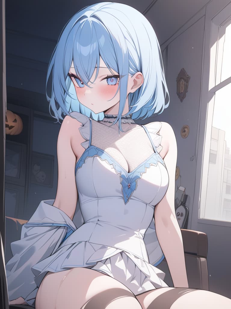  halloween, zombies, bob hair, light blue, light blue hair, masterpiece, best quality,8k,ultra detailed,high resolution,an extremely delicate and beautiful,hyper detail