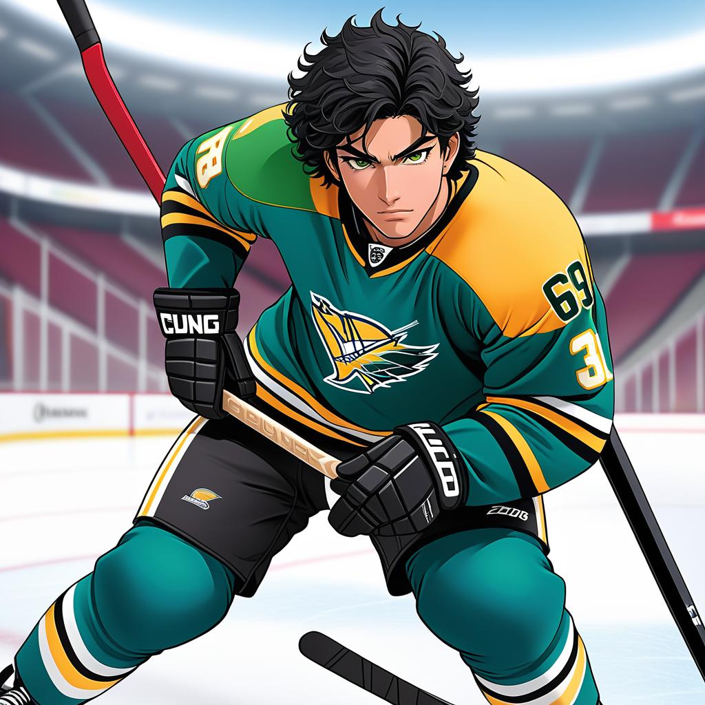  anime art very beautiful male hockey player, very curly black hair, dark brown skin male, green sullen eyes, long black lashes, bow shaped lips, flat eyebrows, snub nose shape, scar on right cheek that goes to jaw, bridge nose piercing, hockey player, on ice rink, hockey stick, blue and yellow jersey, full body., award winning, professional, highly detailed, masterpiece