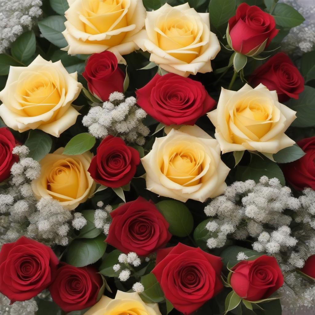  A bouquet of gorgeous red and yellow roses - 11 pieces.above them are bright stars, stars, comets, the Milky Way, astrology, Beauty.