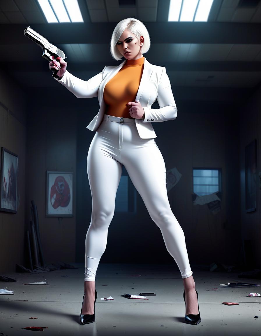  concept art in full growth, tall beautiful girl, modern outfit, she professional killer, she have heavy and fat body, she weighs 75 kg, with pistol, thin hands, big calf muscles, white short hair, a tight one piece suit, in very high heels, tight leggins, tight fitting clothes on the stomach, in a fighting position, dark sity background, concept art, illustrative, in color, digital artwork, highly detailed. . digital artwork, illustrative, painterly, matte painting, highly detailed