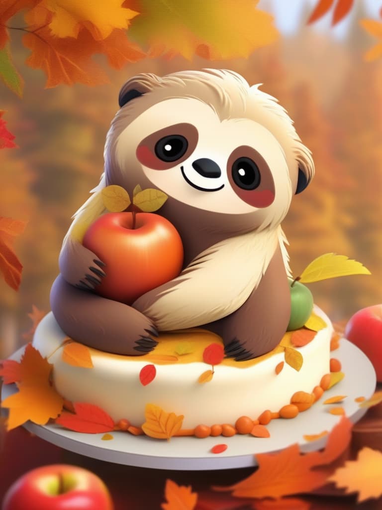  masterpiece! one cute sloth,smiling face,(big mont blanc cake),(gs),apples,(autumn leaves),high quality,16k