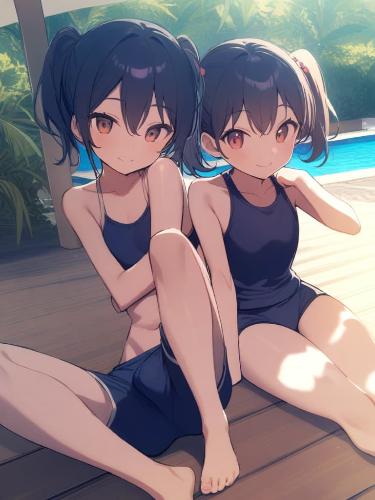  women's elementary students, twin tails, rich smiles, cute smiles, navy blue swimwear, old swimwear, swimwear, simple, male, shaped clear , shaped clear, clear stem, shaped crisp, male bulge,, front. the whole body, pool side,