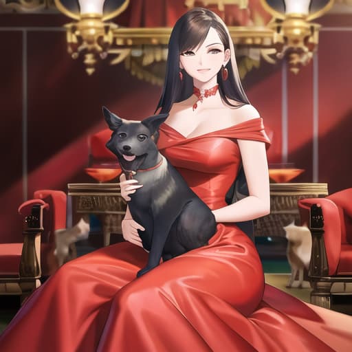  master piece , best quality,woman in red dress holding a dog.