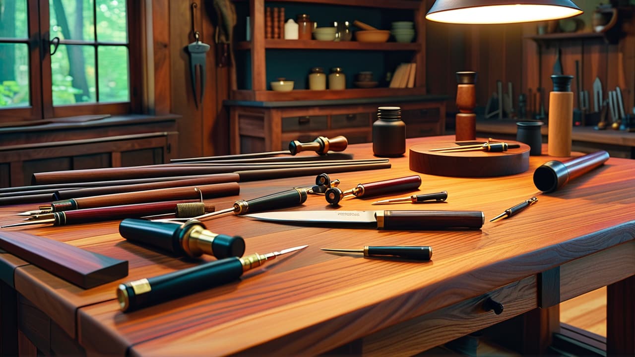  a beautifully arranged display of various high value woods, like mahogany, walnut, and cherry, showcasing their unique grain patterns and rich colors on a rustic wooden workbench, surrounded by elegant woodworking tools. hyperrealistic, full body, detailed clothing, highly detailed, cinematic lighting, stunningly beautiful, intricate, sharp focus, f/1. 8, 85mm, (centered image composition), (professionally color graded), ((bright soft diffused light)), volumetric fog, trending on instagram, trending on tumblr, HDR 4K, 8K