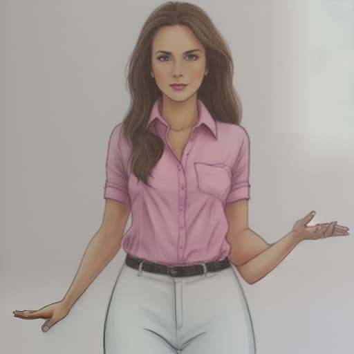  draw the girl in full growth, so that the legs are visible fully on a white background. 34 years. brown hair. tall, beautiful. pink shirt, white pants, heels