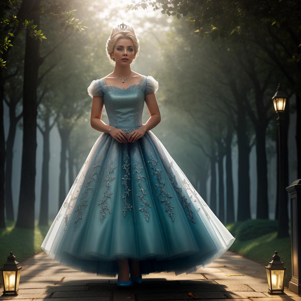  Cinderella, hyperrealistic, high quality, highly detailed, cinematic lighting, intricate, sharp focus, f/1. 8, 85mm, (centered image composition), (professionally color graded), ((bright soft diffused light)), volumetric fog, trending on instagram, HDR 4K, 8K