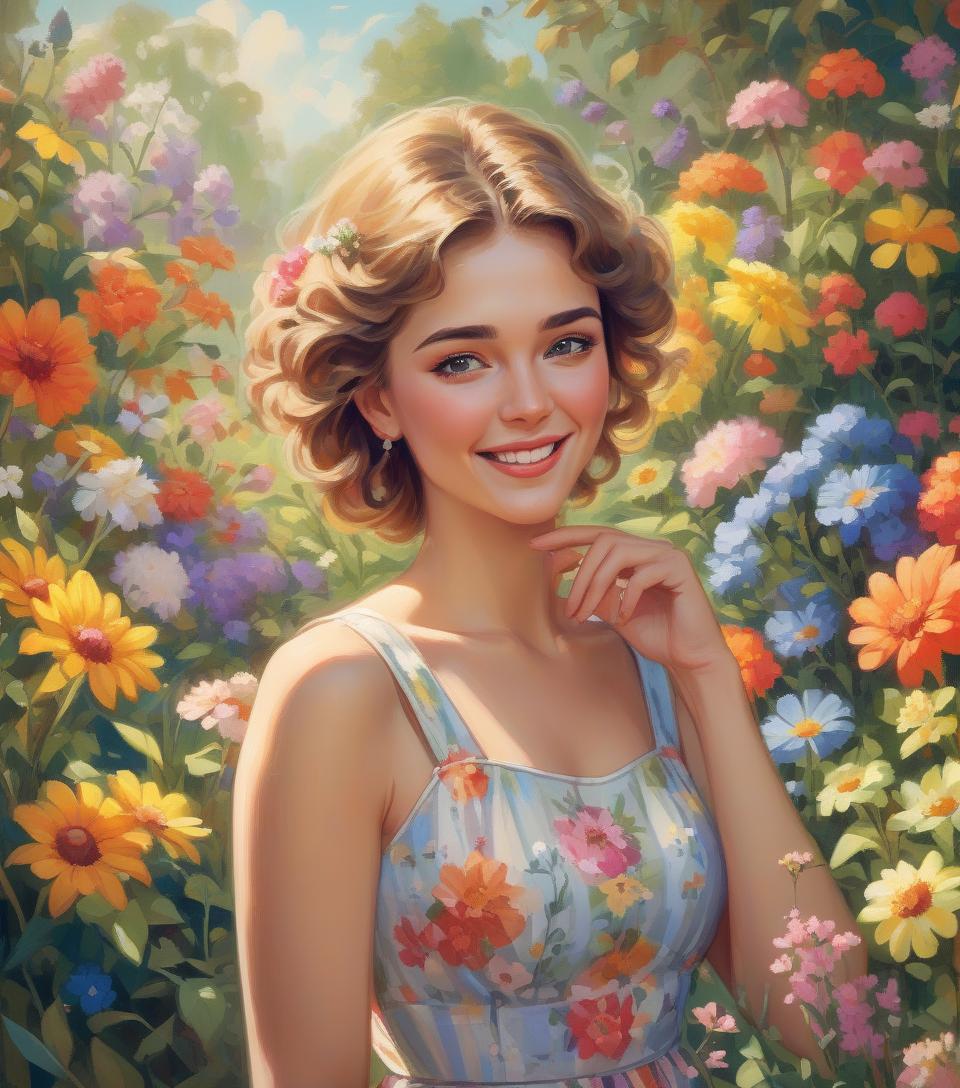  retro game art garden wonders, beautiful woman holding a bouquet of wild flowers to her face, detailed summer garden background, wearing a summer dress, perfect face, delicate face, vivid colors, happiness, oil painting, expressive brushwork, highly detailed, delicate details . 16 bit, vibrant colors, pixelated, nostalgic, charming, fun