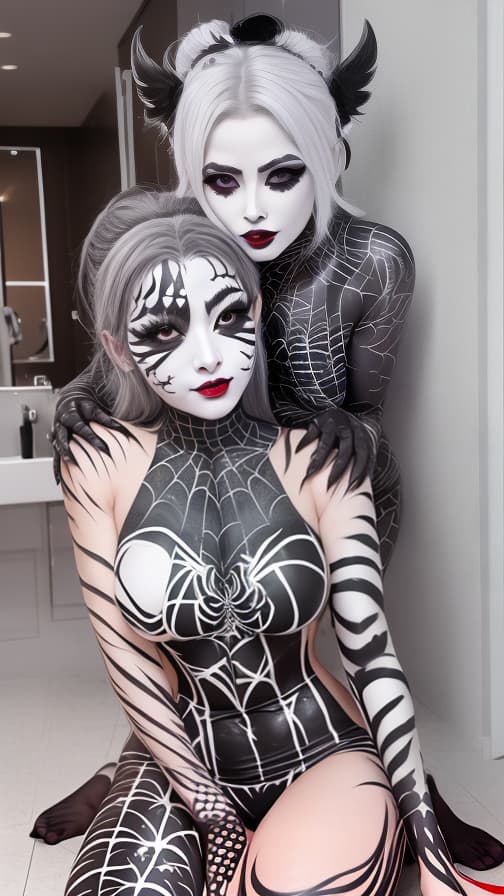  Black and White Spider-patterned body paint in every corner of the whole body, full-body, silver body paint,Silver face paint on the face,Two succubuses 女性