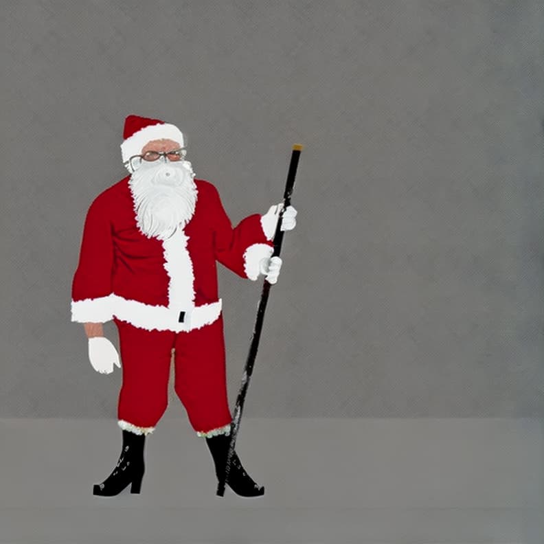  a man with a white beard mid to late 40s wearing a full red santa suit with white cuffs, black boots painting a long wall with a paint roller and an extension pole .