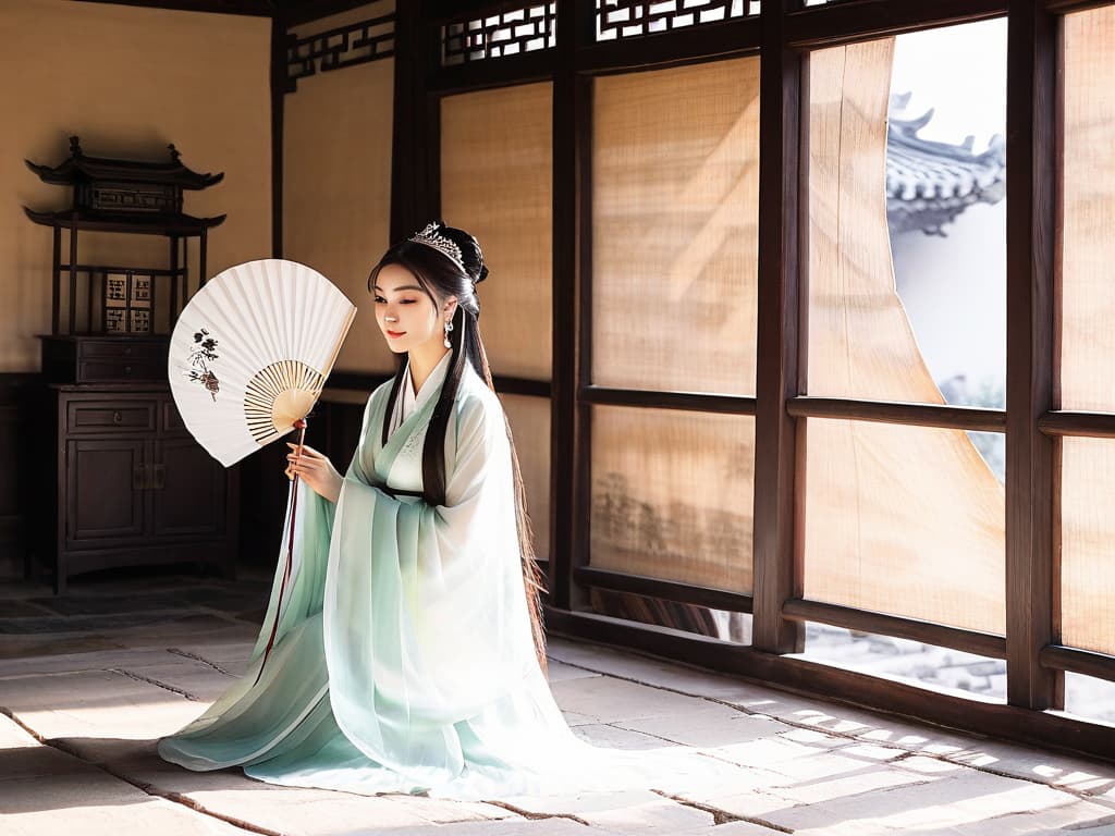  ancient beauty, traditional attire, graceful pose, long hair, elegant fan, ancient chinese architecture, pagoda, traditional courtyard, ink wash painting, watercolor style, art inspirations: ancient chinese paintings, camera shot: medium shot, lens: 50mm, soft lighting, detailed rendering, high resolution