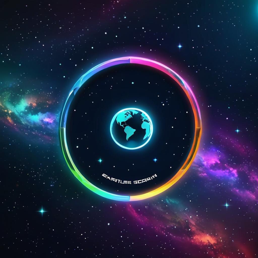  custom glowing ring floating in space with earth in the background and stars shining, (logo), advanced, high tech, sleek, sci fi, abstract, digital elements, metallic, neon colors, progressive