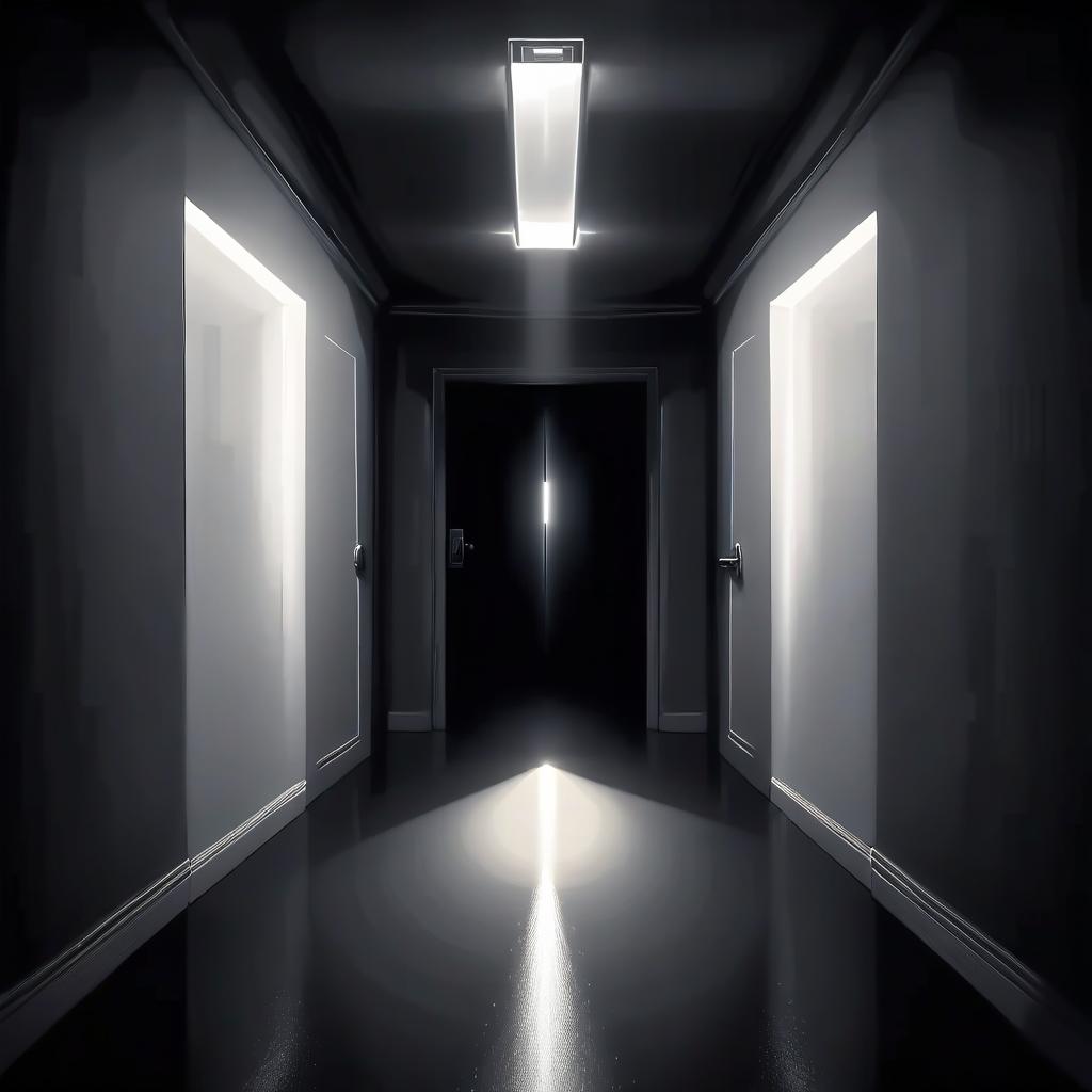  a dark corridor, at the end of which is a door open, and from it a dazzling white light