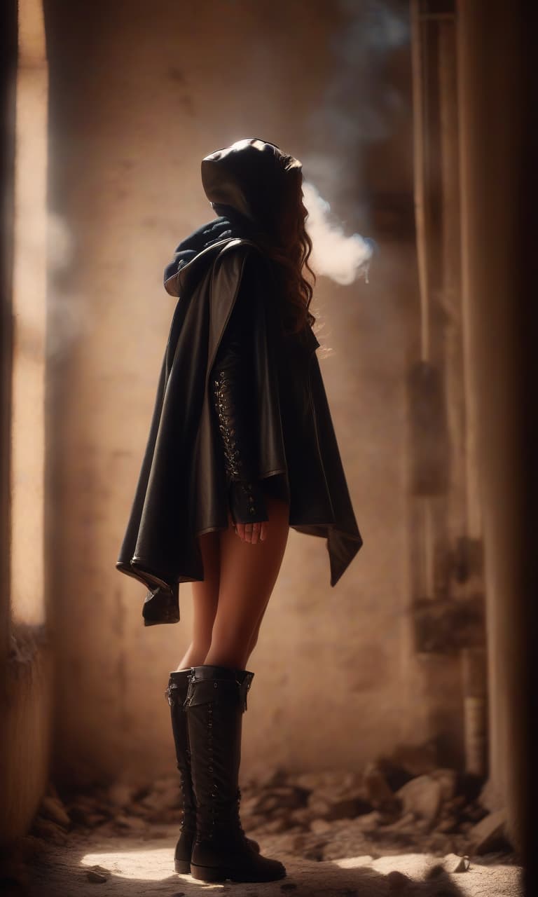  cinematic photo a young stands with her back against the wall, leaning her right leg against the wall. she is wearing a leather short cloak and bootforts. smoking. high detail of hands, face and clothing elements. . 35mm photograph, film, bokeh, professional, 4k, highly detailed