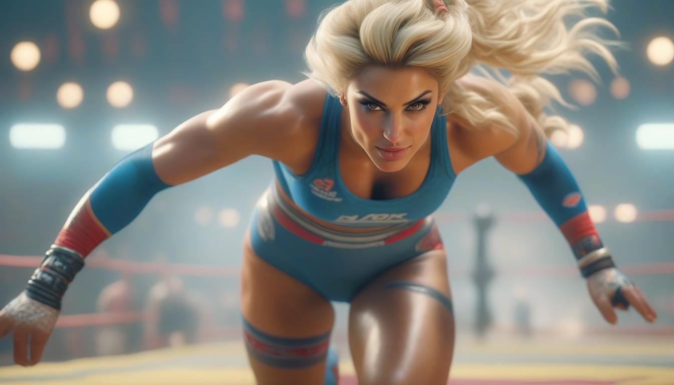  hyperrealistic art (woman ) wrestler, body, s, content, beautiful face, delicate features, kind smile, blonde hair, full body, show full length, muscular s, abs, gym, masterpiece, 8k, hyperrealism, high detail . extremely high resolution details, photographic, realism pushed to extreme, fine texture, incredibly lifelike, perfecteyes hyperrealistic, full body, detailed clothing, highly detailed, cinematic lighting, stunningly beautiful, intricate, sharp focus, f/1. 8, 85mm, (centered image composition), (professionally color graded), ((bright soft diffused light)), volumetric fog, trending on instagram, trending on tumblr, HDR 4K, 8K